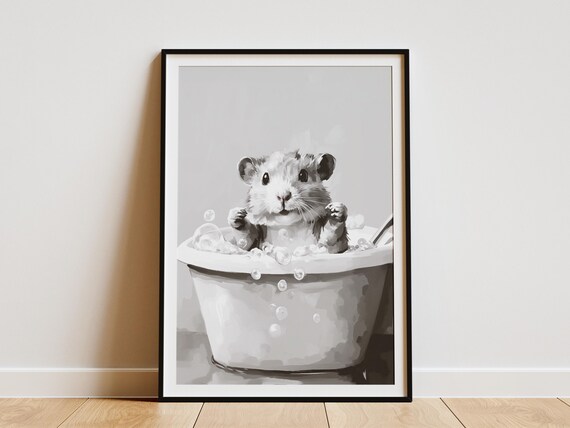 Hamster In A Bubble Bath Black And White Cute Bathroom Poster