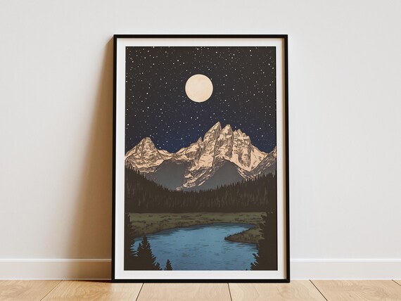 Grand Teton National Park Moonlit Peaks Over a River Night Art Poster