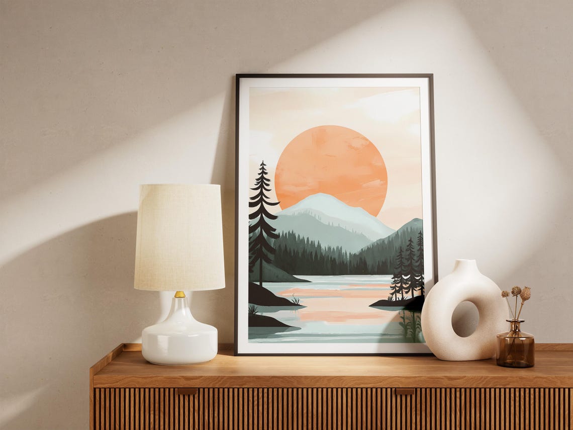 Giant Peach Sun Over Calm Mountain Lake Pines Minimalist Poster - Image 5