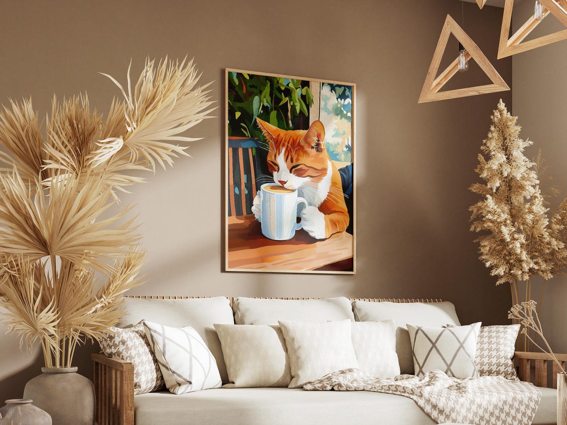 Orange Tabby Cat Drinking Coffee Sunny Cafe Table Art Poster - Image 3