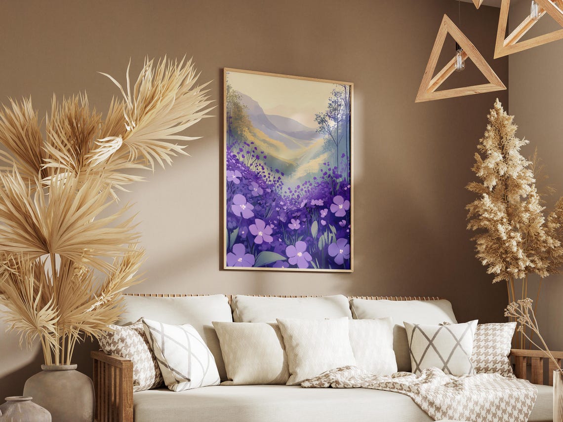 Purple Wild Violet Field in a Misty Mountain Valley Art Poster - Image 3