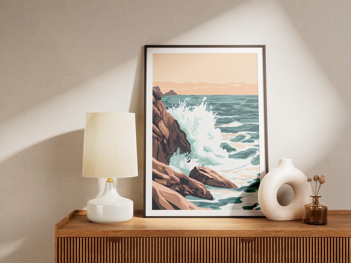 Ocean Wave Crashing on Brown Rocky Cliffs at Golden Hour Poster - Image 5