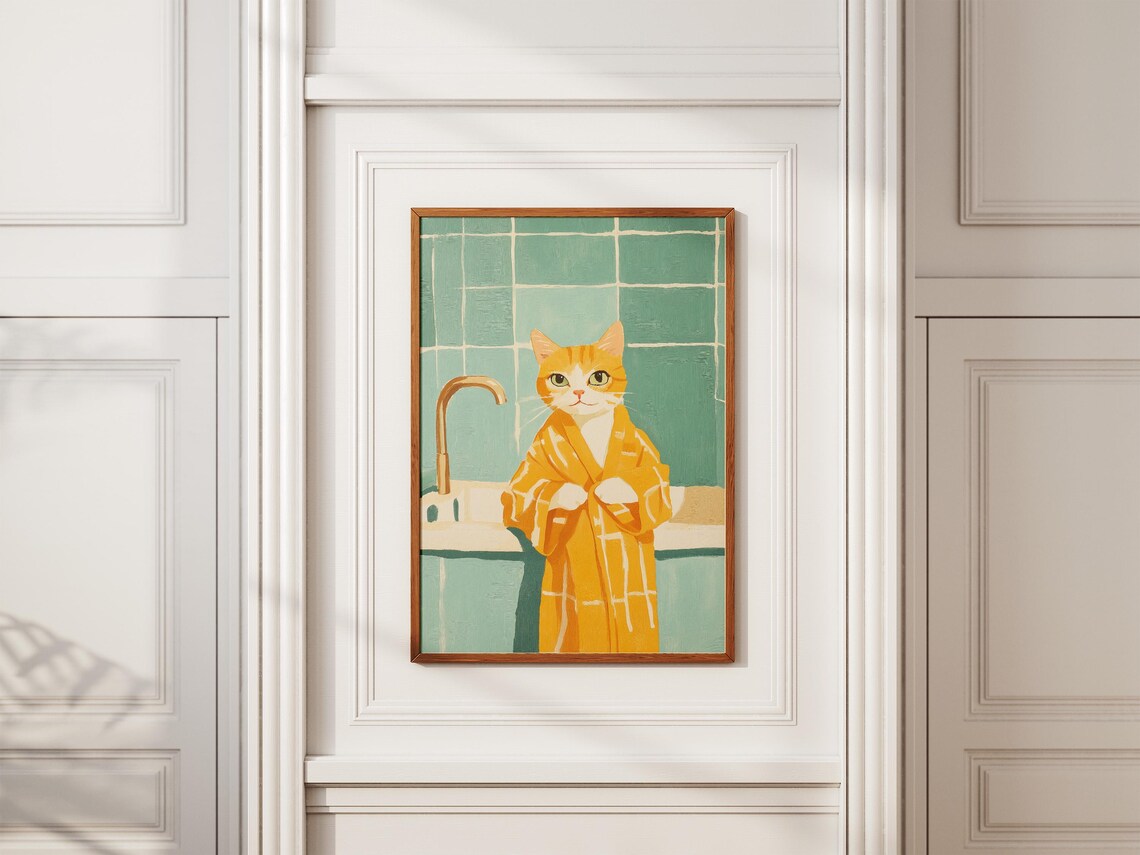 Orange Tabby Cat in Orange Bathrobe Green Tiled Sink Art Poster - Image 2