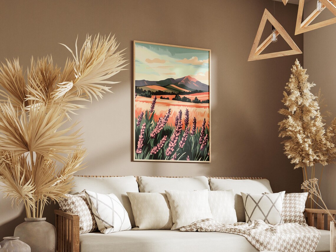 Lavender Field Golden Wheat Hills Mountain Landscape Scenic Poster - Image 3