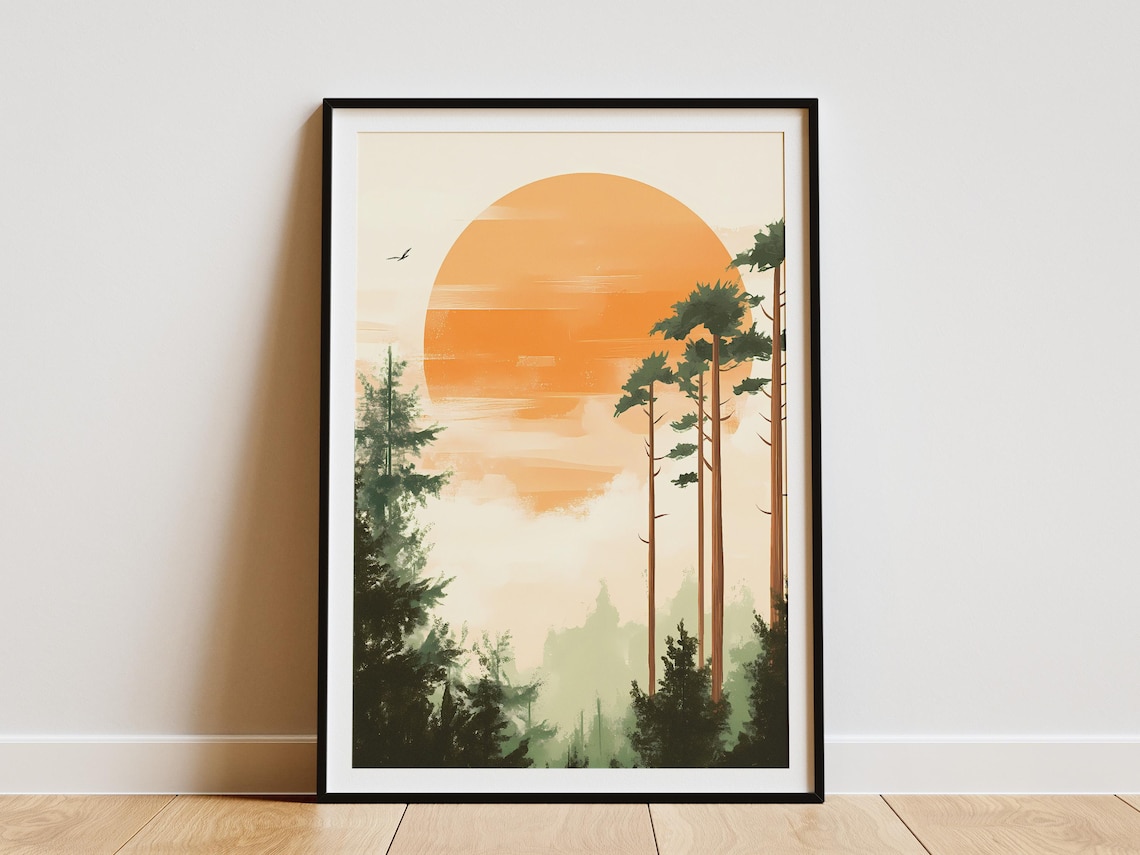 Big Orange Sun Rising Above Misty Pine Forest Landscape Poster