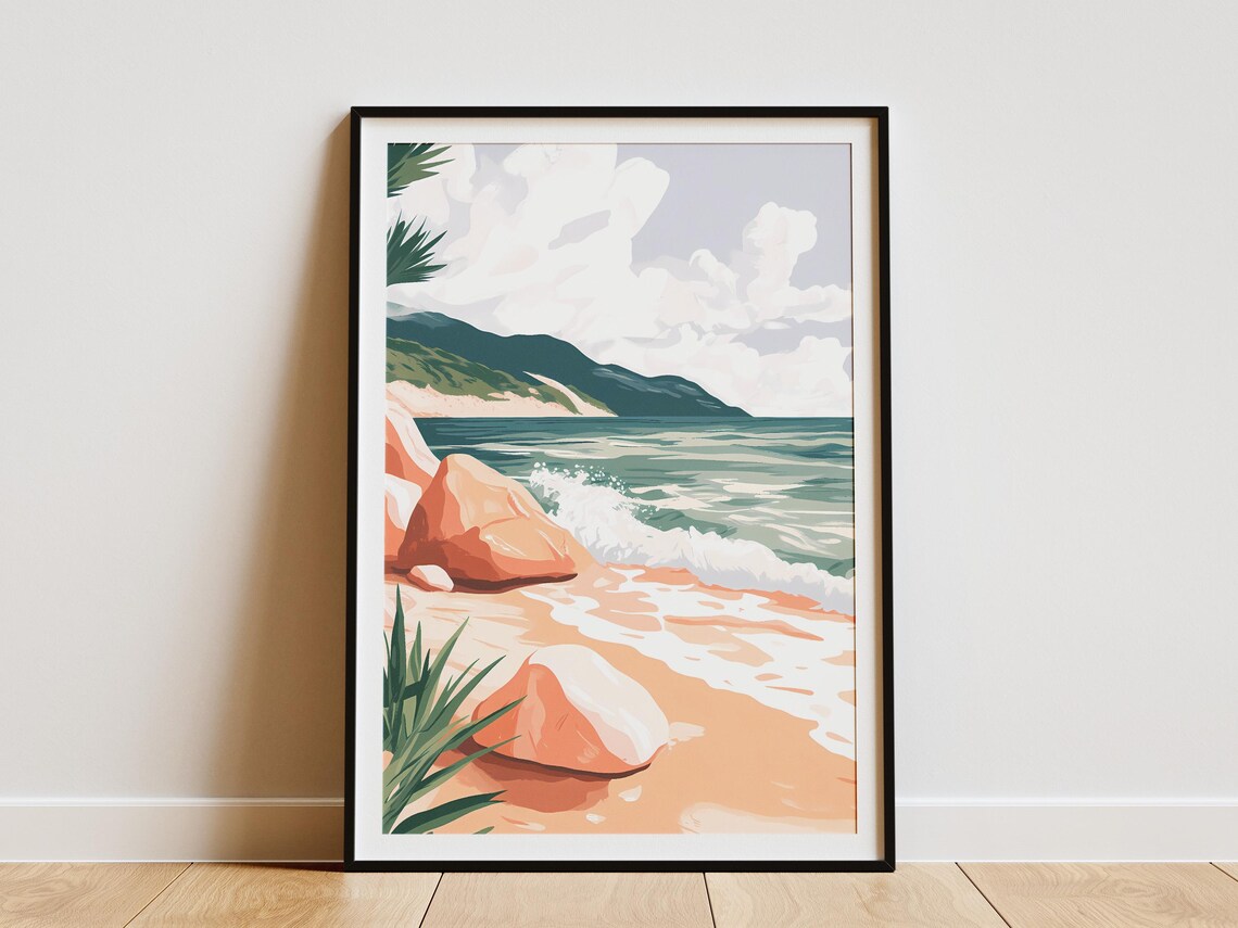Rocky Ocean Shore With Crashing Waves And Palm Leaves Poster
