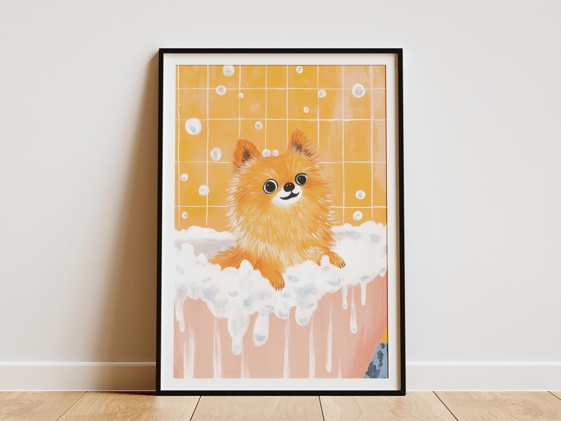 Pomeranian Puppy in Foamy Bubble Bath Orange Tile Cute Dog Wall Poster