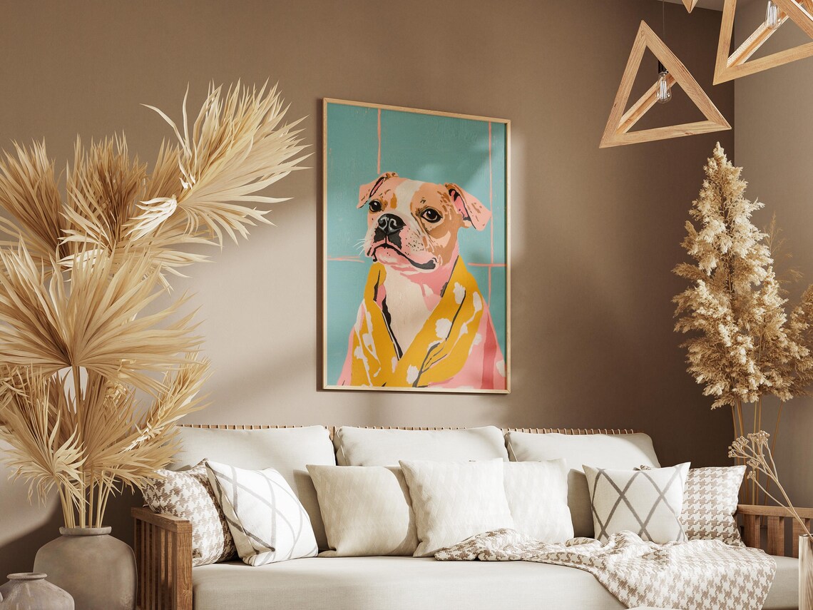 Staffy Puppy in Yellow Floral Bathrobe Teal Tile Bathroom Poster - Image 3