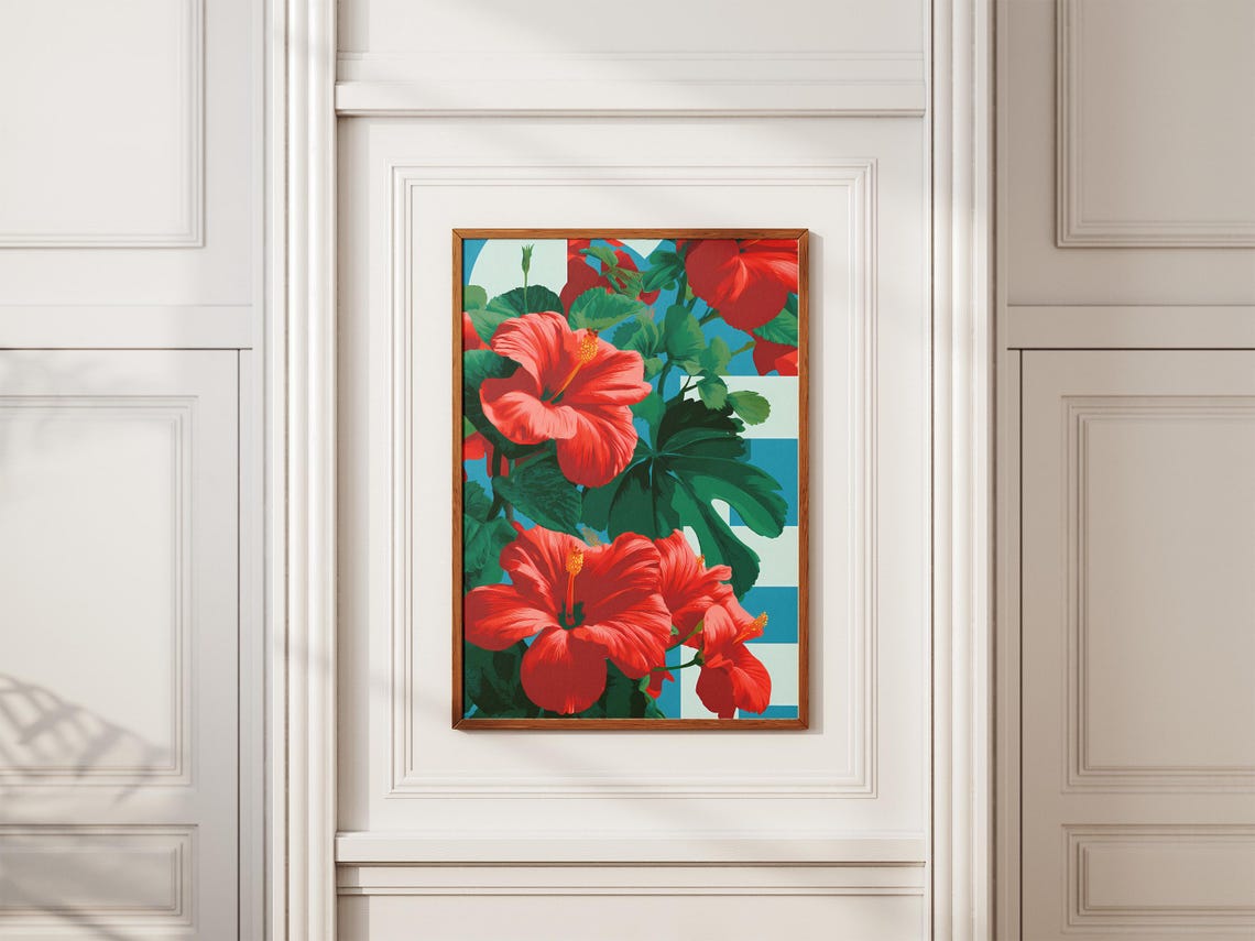 Red Hibiscus Tropical Flower Pop Art Bold Striped Botanical Poster - Image 2