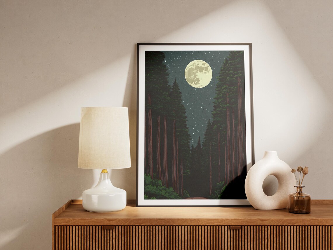 Redwood Forest Moonlit Giant Tree Trunks Night Vintage Style Art Poster - Image 4