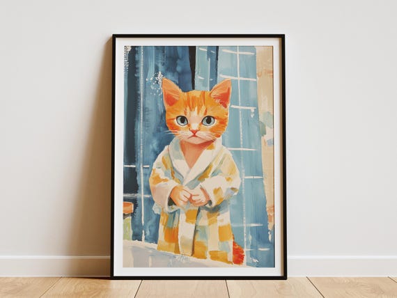 British Shorthair Kitten Art Print Nursery Wall Cat Lover Gift Cute In Bathrobe Poster Bathroom Decor Ginger Tabby