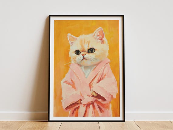 Exotic Shorthair Kitten Art Print Pink Bathrobe Cat Poster Cute Animal Wall Decor Pet Portrait Lover Gift Funny Artwork