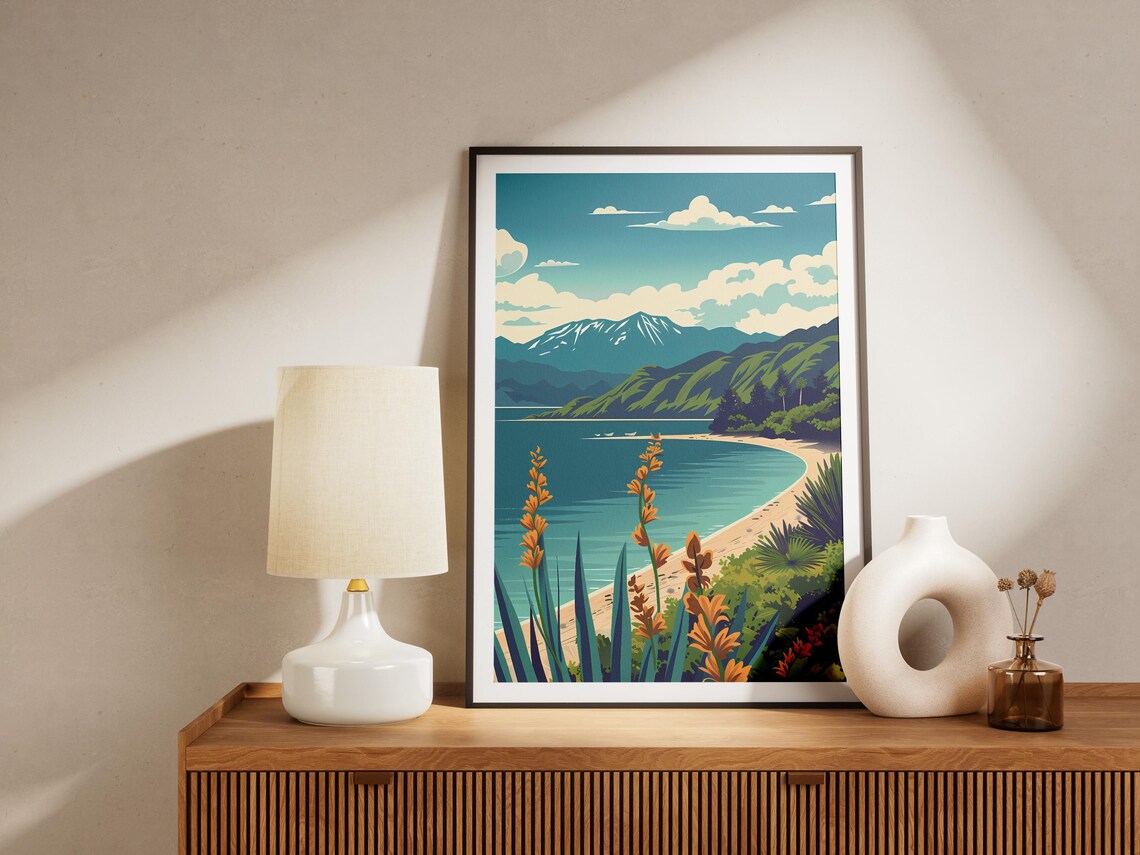 Coastal Bay Sandy Beach Snowy Mountains Flower Foreground Poster - Image 2