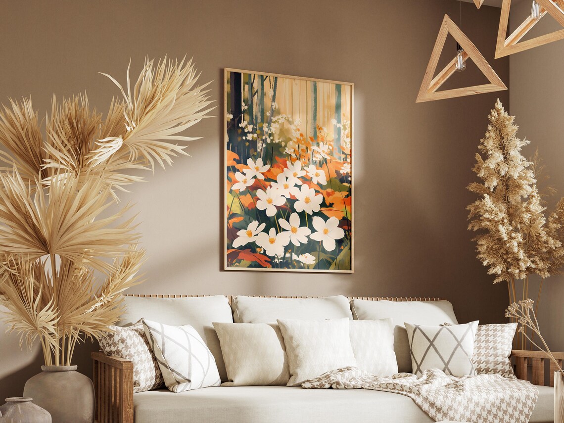 White Anemones With Orange Autumn Leaves Forest Floral Poster - Image 3
