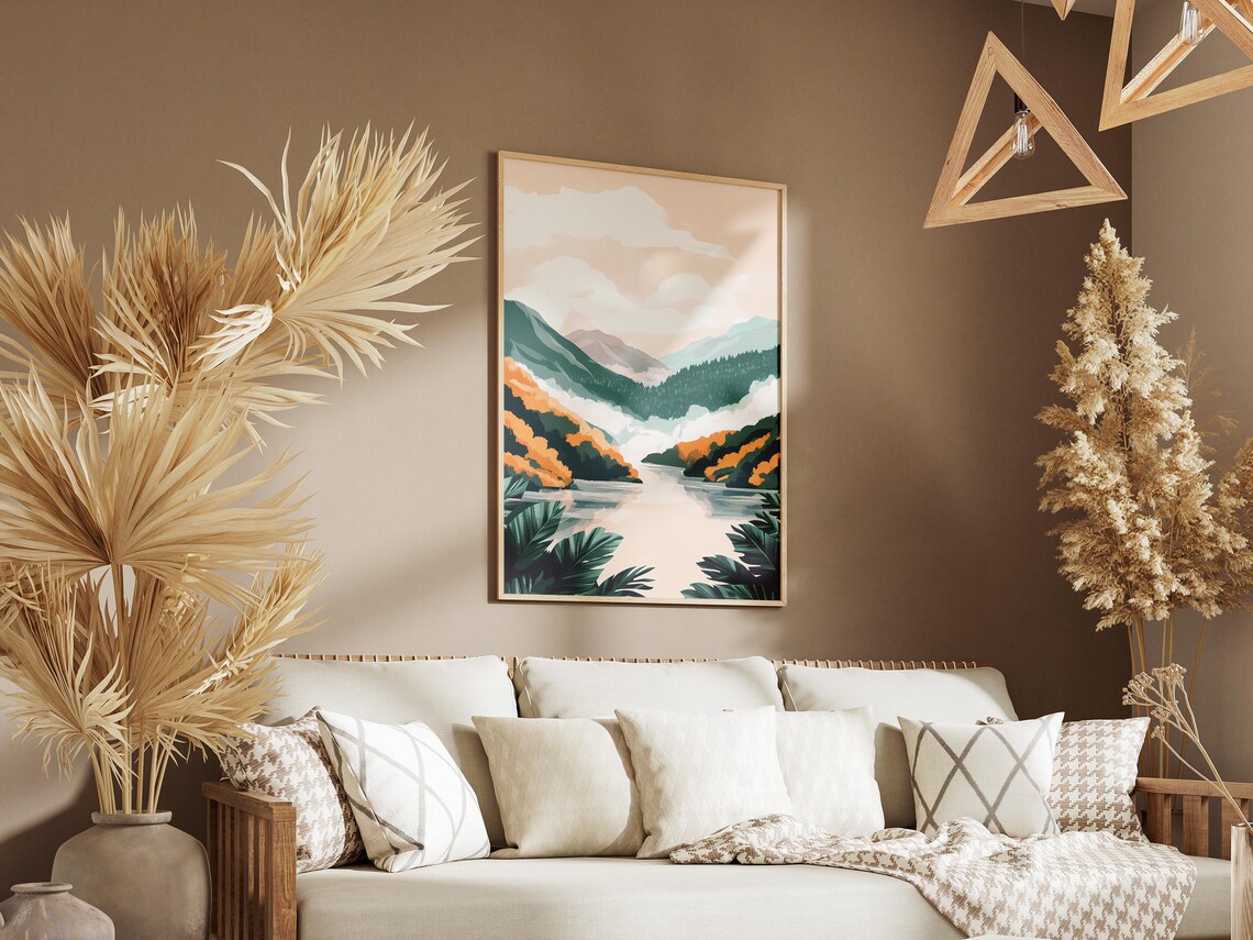 Foggy Mountain Lake Golden Hills Tropical Leaves Landscape Poster - Image 3