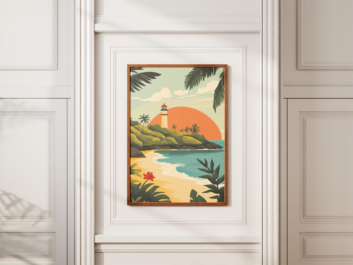 Tonga Island Lighthouse Tropical Sunset Palm Beach Art Poster - Image 2