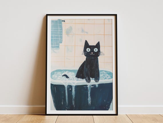 Russian Blue Cat Bathtub Art Print Whimsical Bathroom Wall Decor Funny Poster Cute Animal Illustration Quirky Home Lover Gift