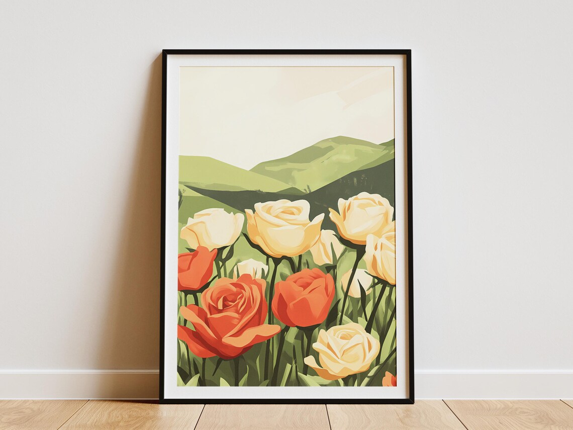 Orange And Cream Roses Over Green Hills Floral Artwork Poster