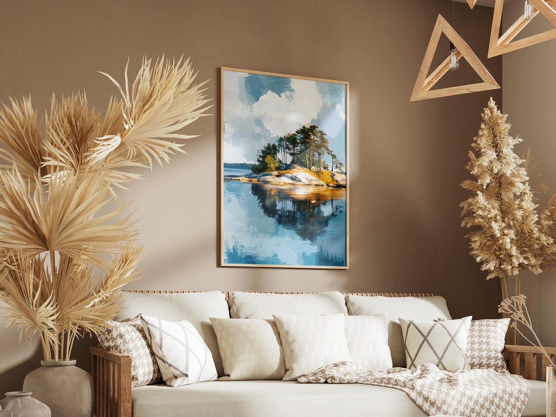Rocky Pine Island Reflected In Calm Blue Water Serene Poster - Image 3