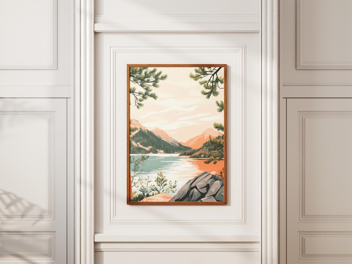 Alpine Lake Rocky Shore Peach Mountain Sunset View Scene Poster - Image 2