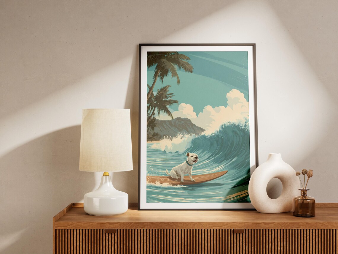 Surfing Dog Riding Big Ocean Wave Palm Tree Beach Travel Poster - Image 4