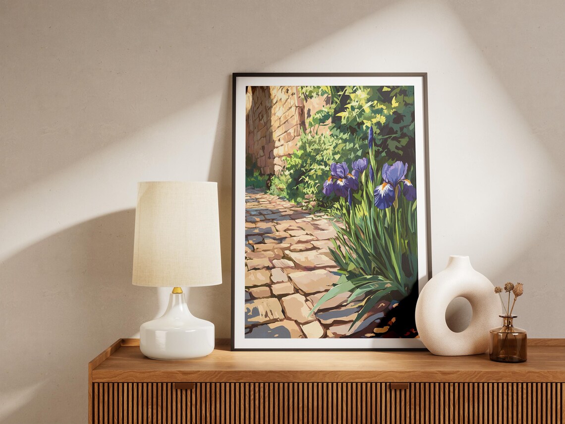 Purple Irises Along a Cobblestone Garden Path Poster With Stone Wall - Image 5