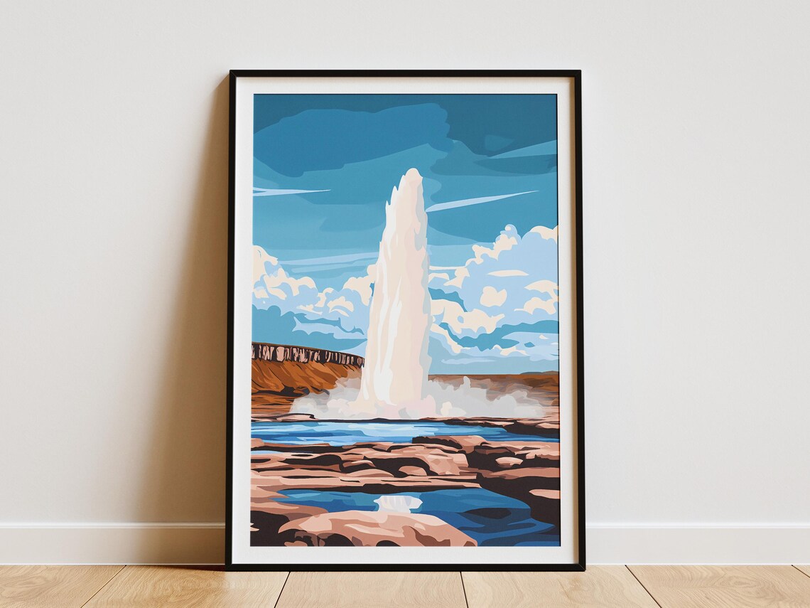 Iceland Geysir Eruption Over Geothermal Landscape Travel Poster