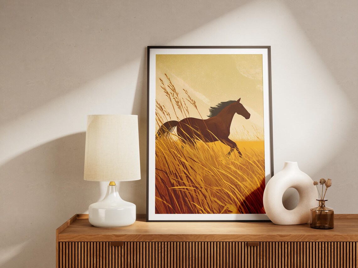 Wild Horse Running Golden Prairie Grass Vintage Western Art Poster - Image 4