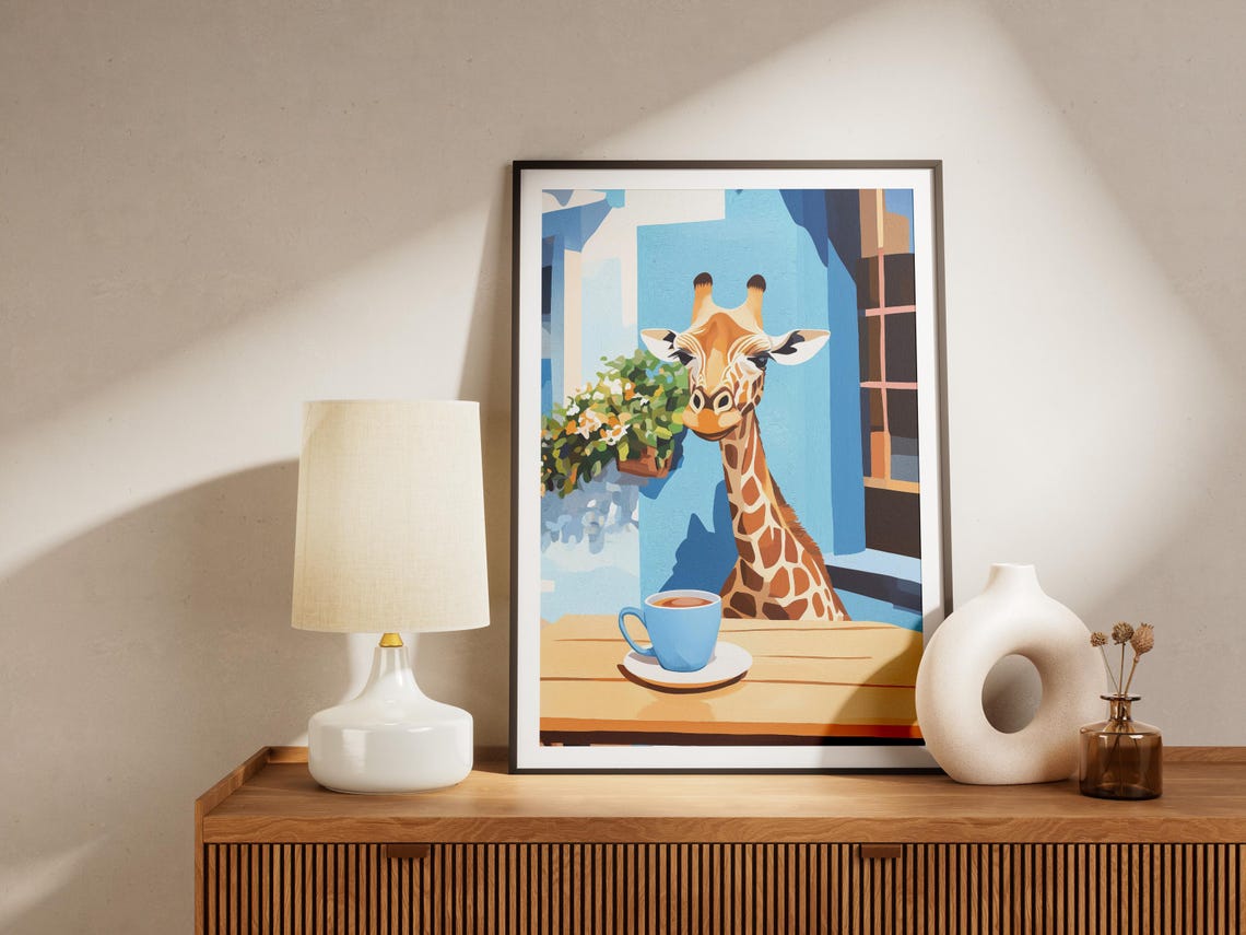 Curious Giraffe Peeking Through Cafe Window at Coffee Cup Poster - Image 4