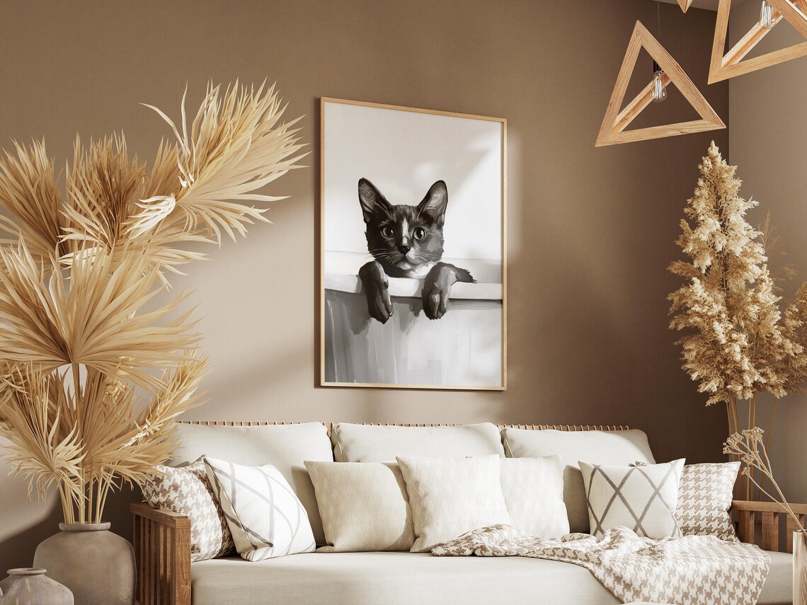 Sleek Black Cat in Bubble Bath Minimalist Bathroom Art Poster - Image 3