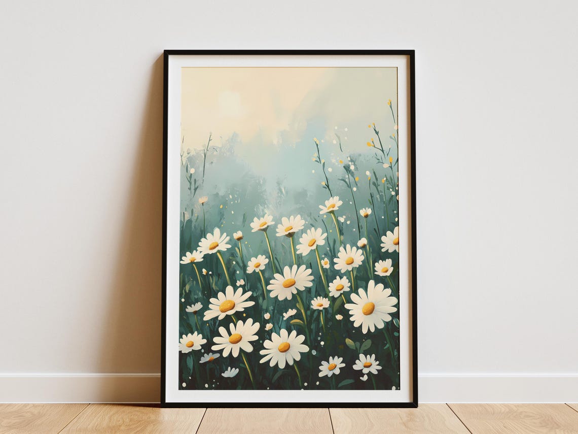 White Daisies Misty Pale Meadow Calm Botanical Flower Poster