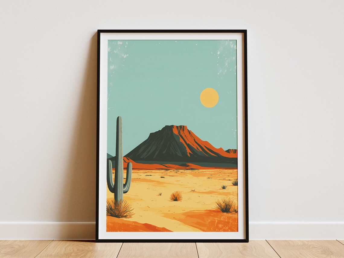 Sonoran Desert Saguaro Cactus Red Mesa Golden Sun Travel Poster