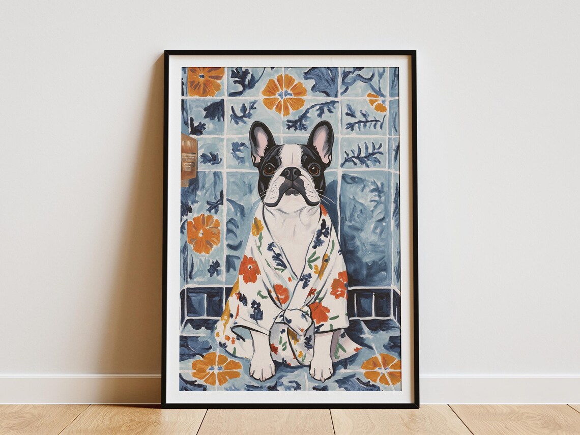 French Bulldog In Floral Bathrobe Blue Tiled Bathroom Dog Poster