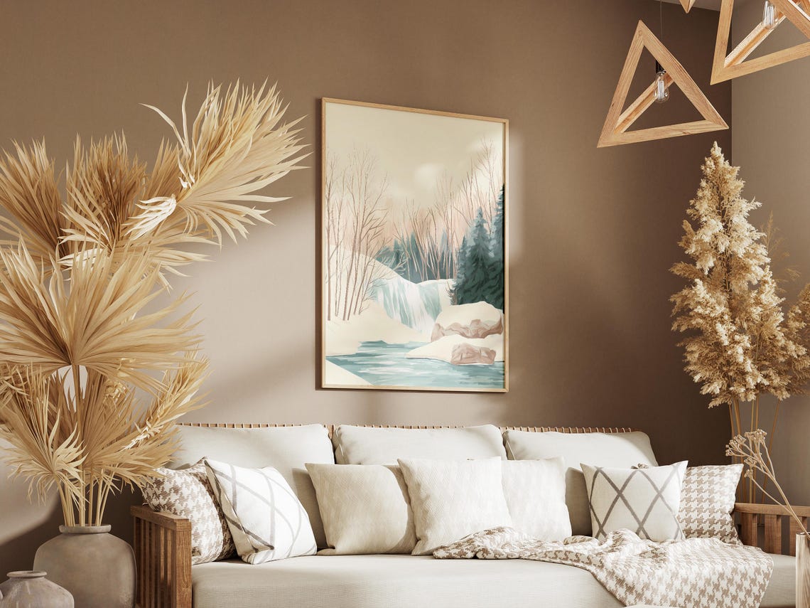 Frozen Waterfall in a Quiet Snowy Birch Forest Landscape Poster - Image 3