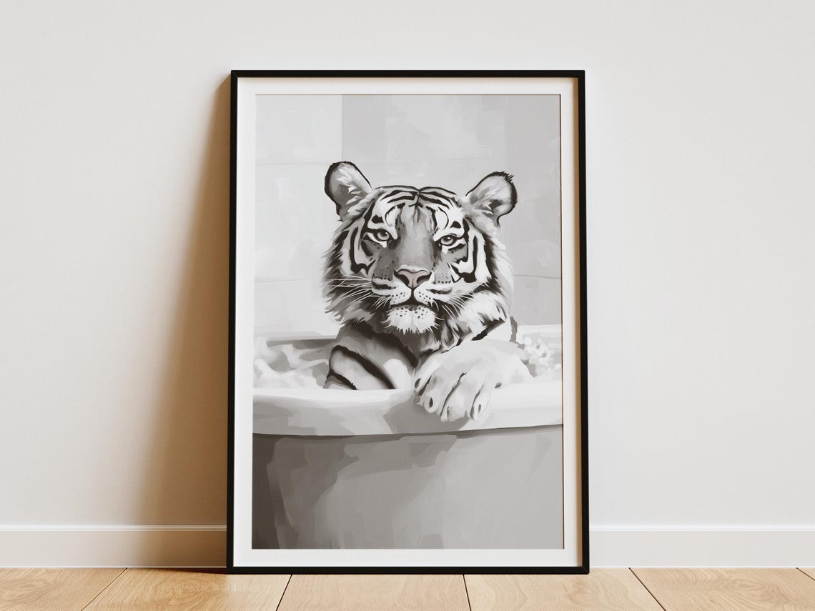 Tiger In Bathtub Poster Animal Wall Art Print Bathroom Decor Funny Contemporary Playful Lover Gift