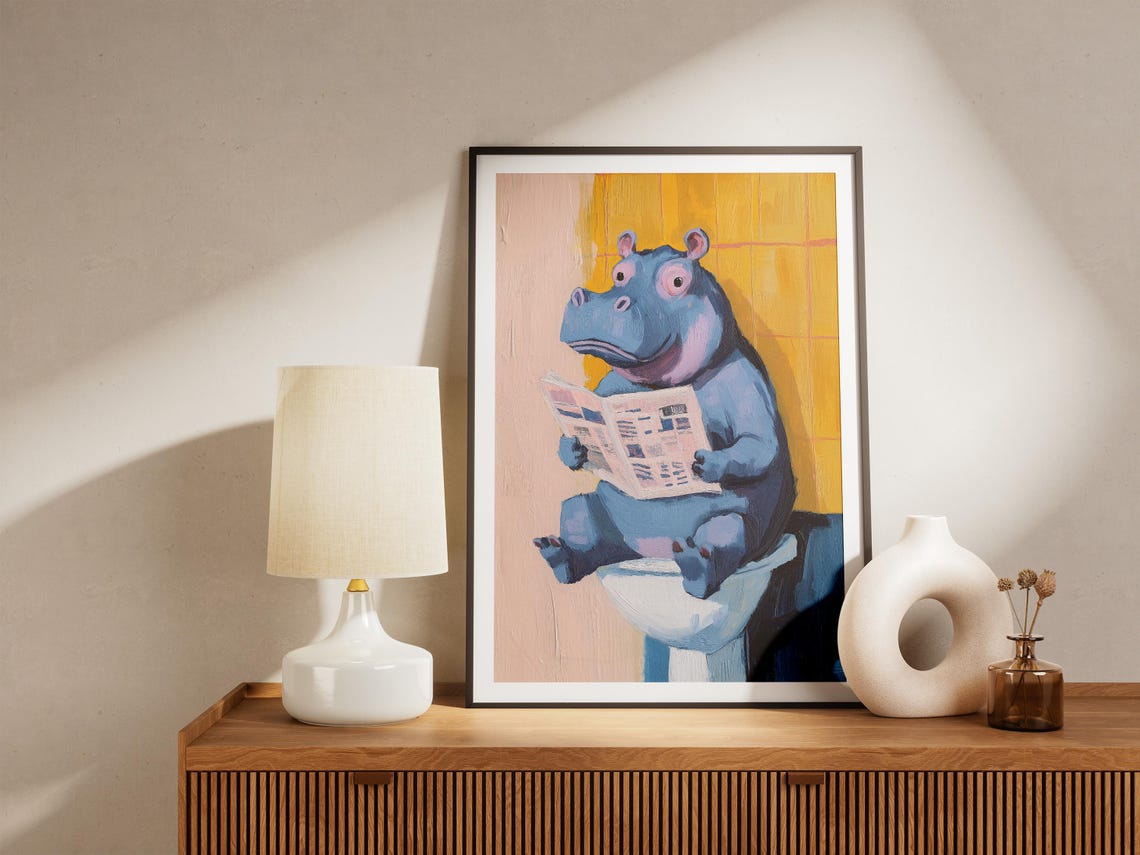 Funny Blue Hippo Reading Newspaper On The Toilet Bathroom Poster - Image 5