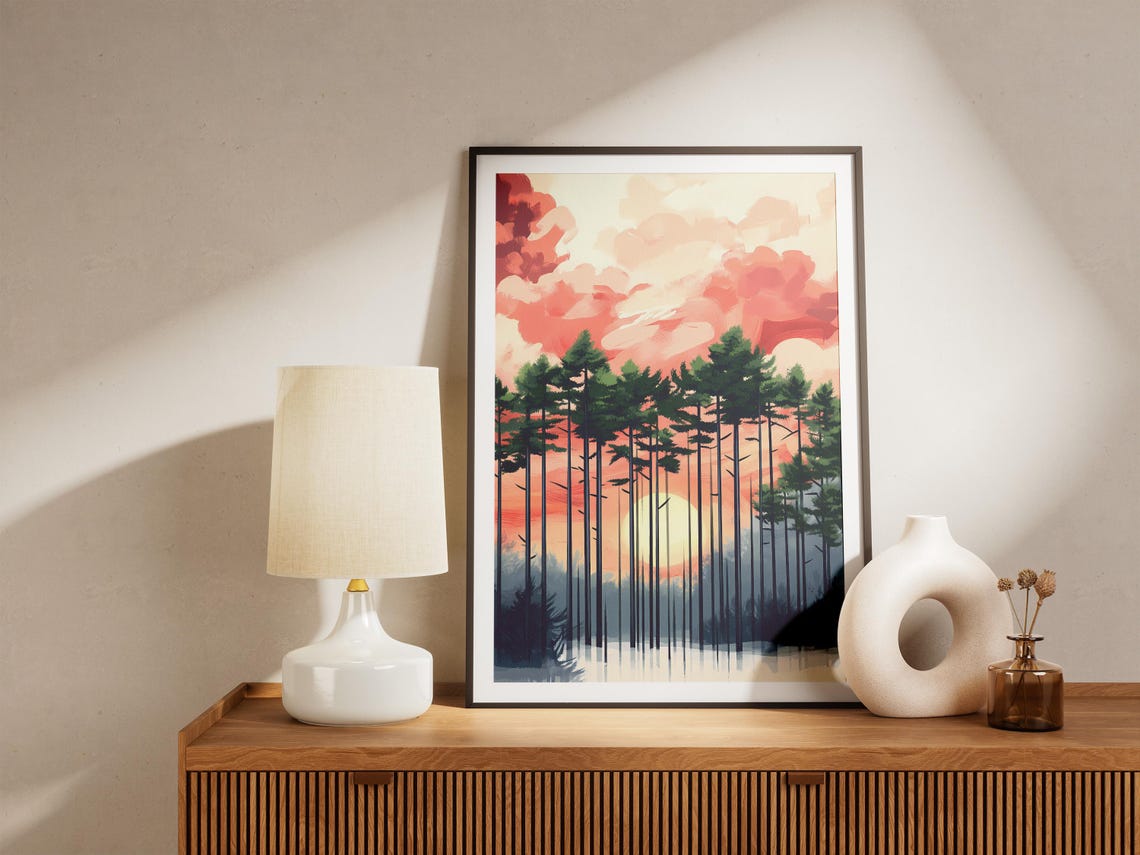 Tall Pine Forest at Sunset with Pink Clouds and Low Sun Poster - Image 5
