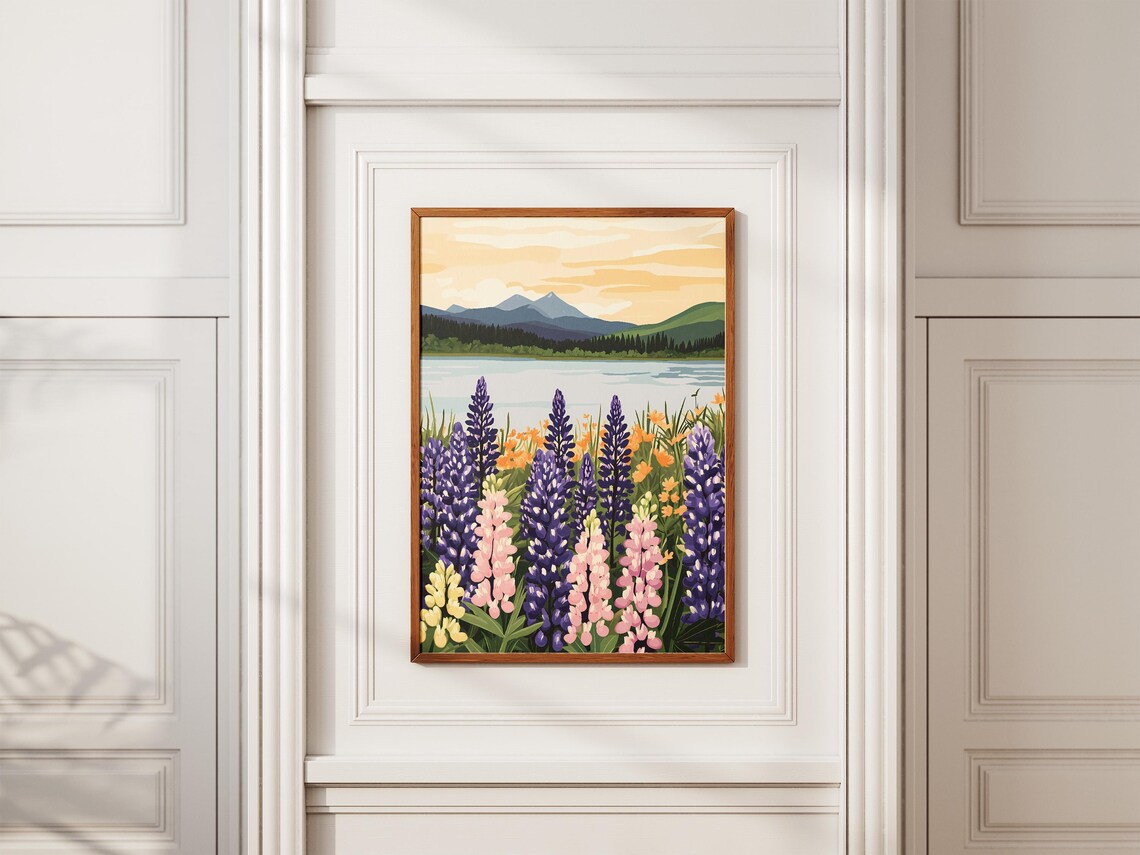 Sunset Lupine Meadow by a Calm Mountain Lake Wildflower Art Poster - Image 2