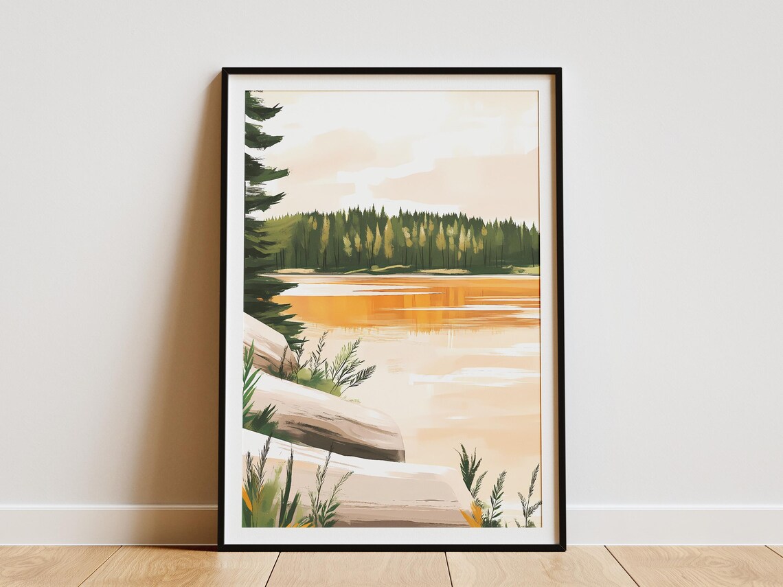 Warm Golden Hour Lake With A Rocky Pine Shore Landscape Poster