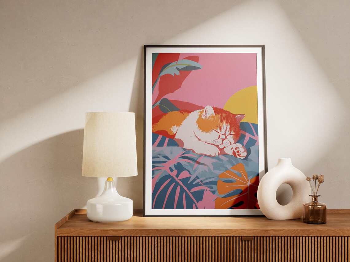 Orange and White Cat Sleeping Among Bold Tropical Leaves Modern Art Poster - Image 4