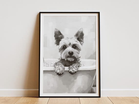 Yorkshire Terrier Dog In Bathtub Poster Print Funny Art Puppy Wall Decor Bathroom Pet Portrait Lover Gift