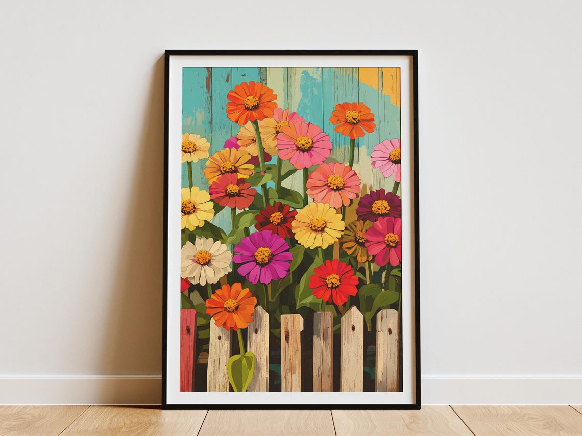 Rainbow Zinnias Over Rustic Picket Fence Cheerful Cottage Poster