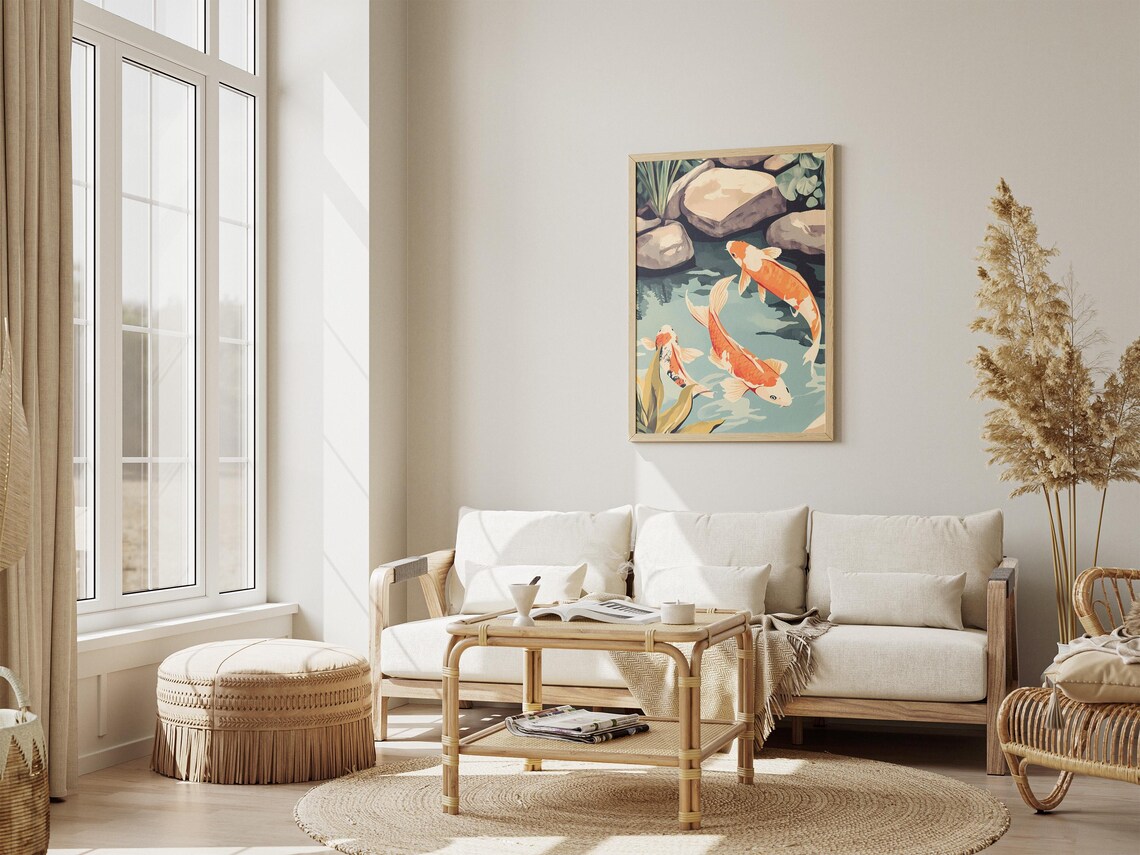 Three Orange Koi Fish Swimming in a Garden Pond Japanese Art Poster - Image 4