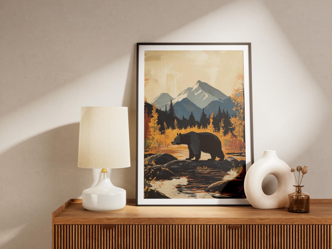 Black Bear Autumn River Snowy Mountain Fall Forest Wildlife Poster - Image 4