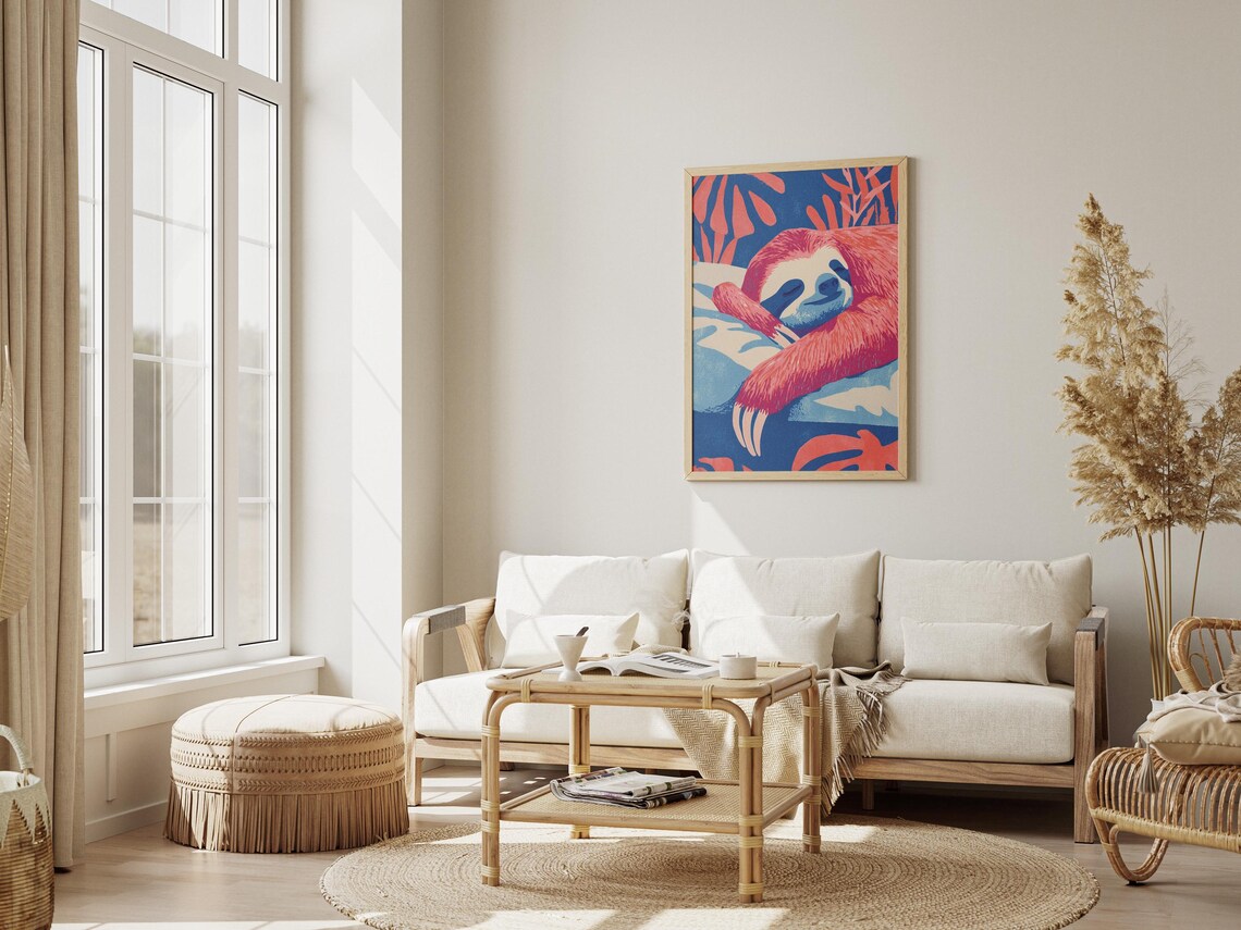 Sleeping Sloth on Blue Bed Coral Leaves Matisse Style Art Poster - Image 3