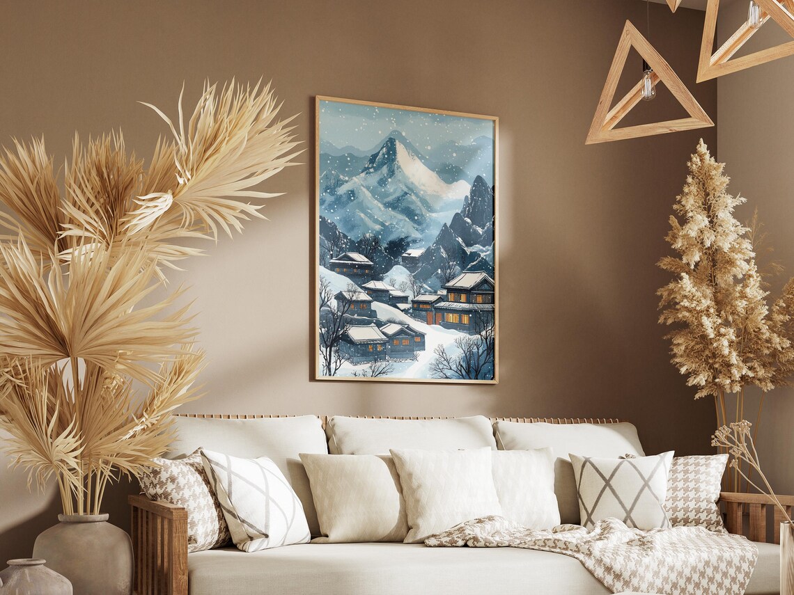 Snowy Mountain Village with Glowing Windows Winter Asian Art Poster - Image 3