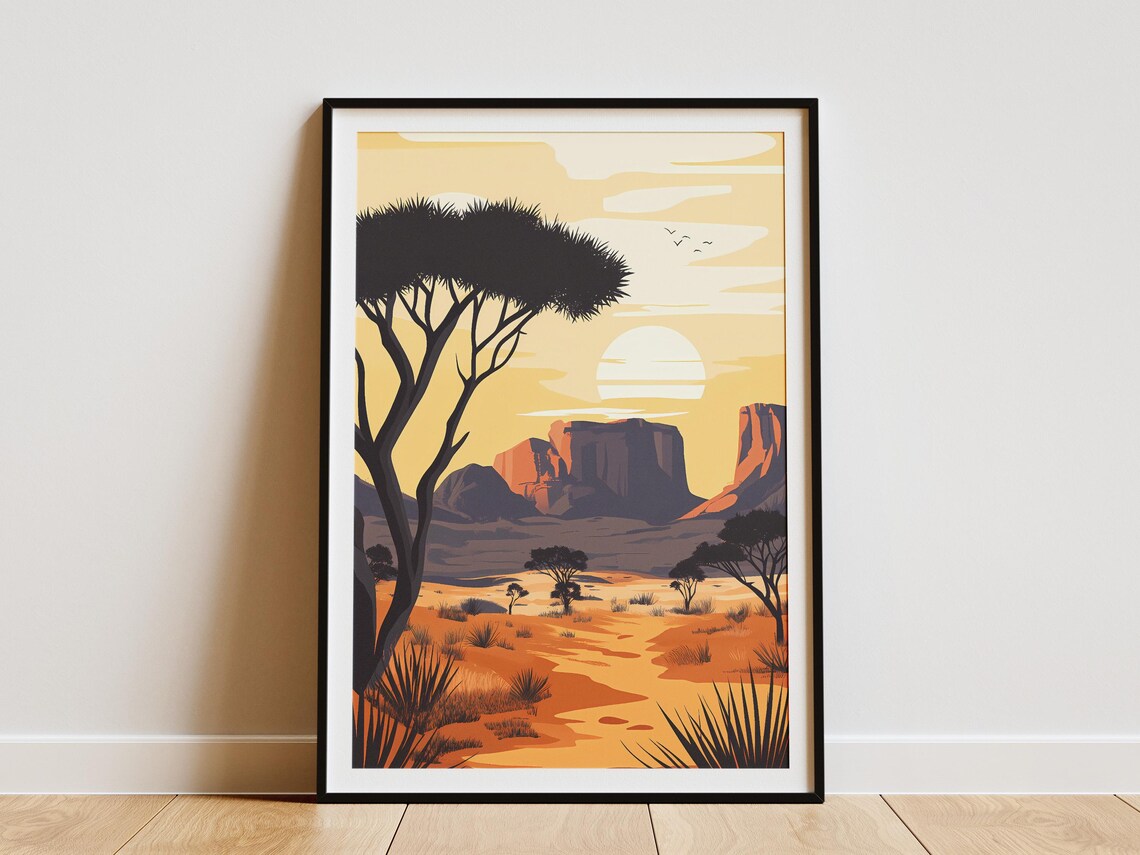 African Savanna Poster Acacia Trees Sunset Mesas Wall Decor Gift
