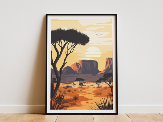 African Savanna Poster Acacia Trees Sunset Mesas Wall Decor Gift