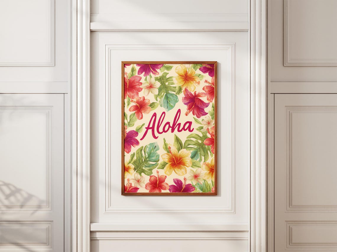 Aloha Script Typography Watercolor Hibiscus Tropical Floral Poster - Image 2
