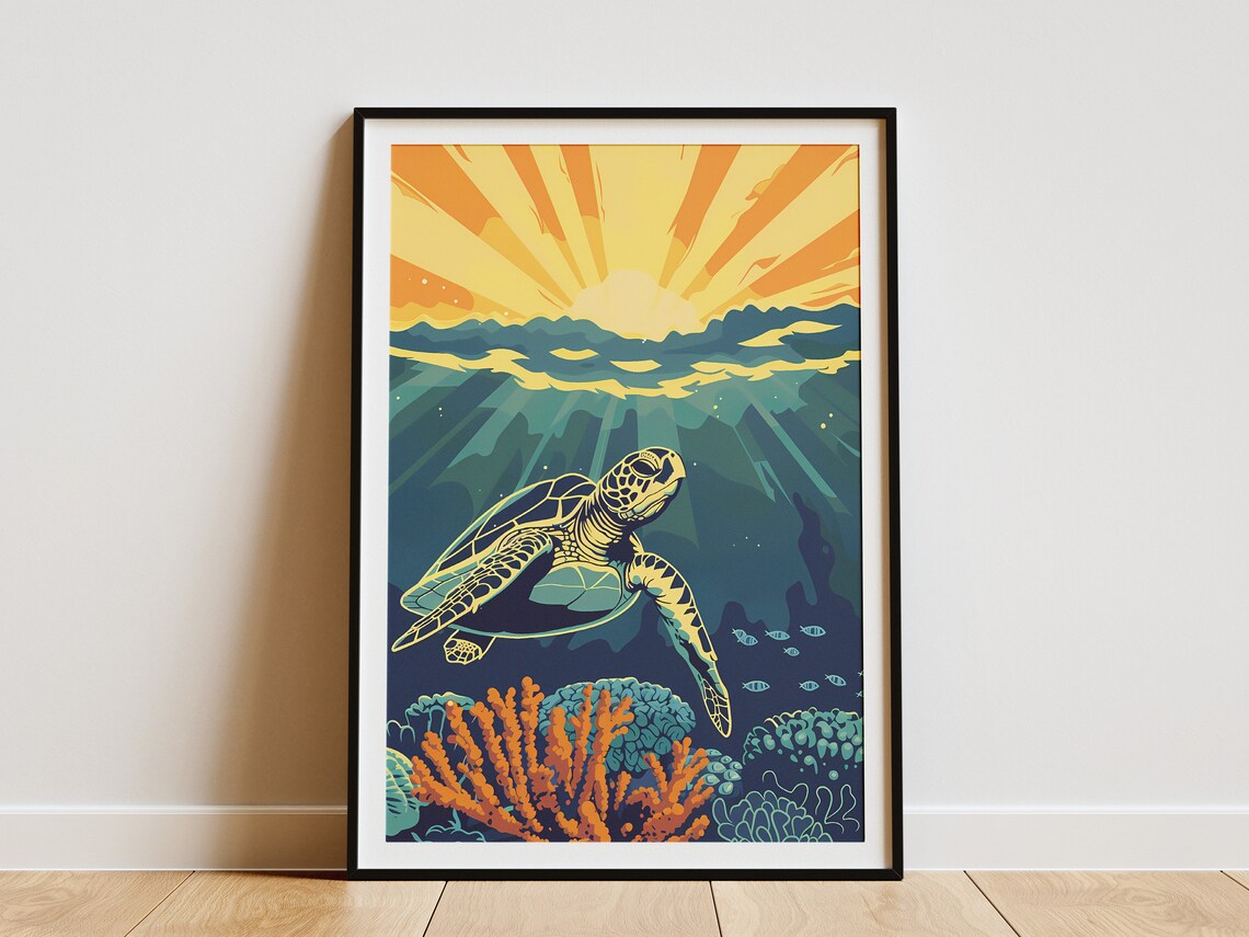 Sea Turtle Coral Reef Poster Ocean Art Print Underwater Sunset Tropical Wall Decor Beach Home Decor